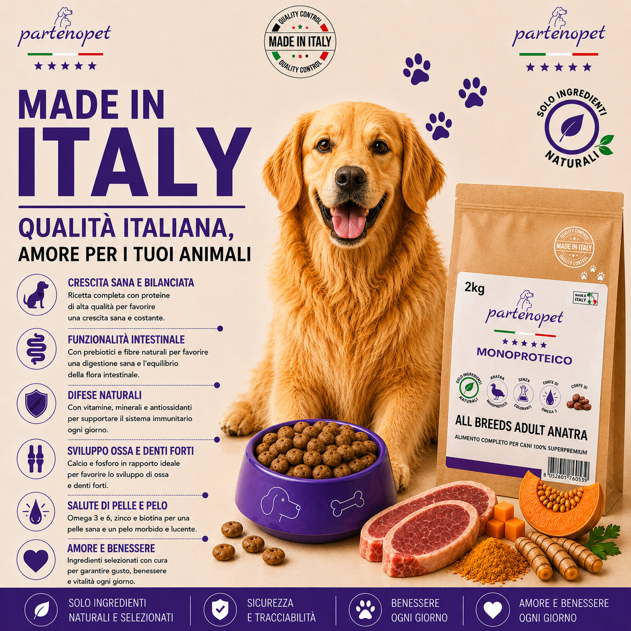 Partenopet Crocchette Monoproteiche all'Anatra Pressate a Freddo per Cani All Breeds 2 kg - Partenopet