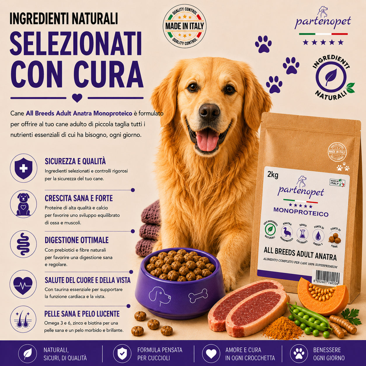 Partenopet Crocchette Monoproteiche all'Anatra Pressate a Freddo per Cani All Breeds 2 kg - Partenopet