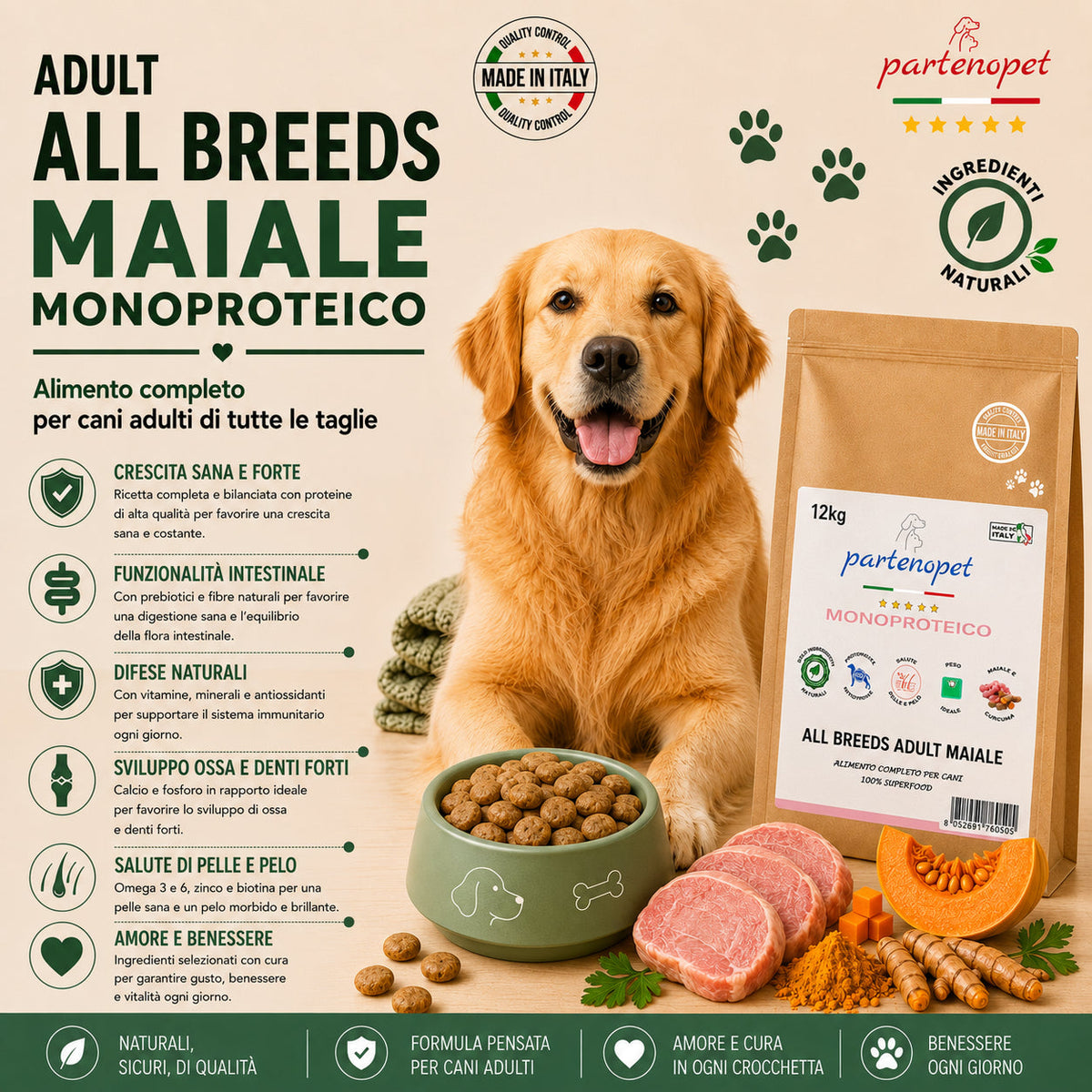 Crocchette Partenopet Adult All Breeds Maiale e Zucca 12 kg pressate a freddo per cani adulti