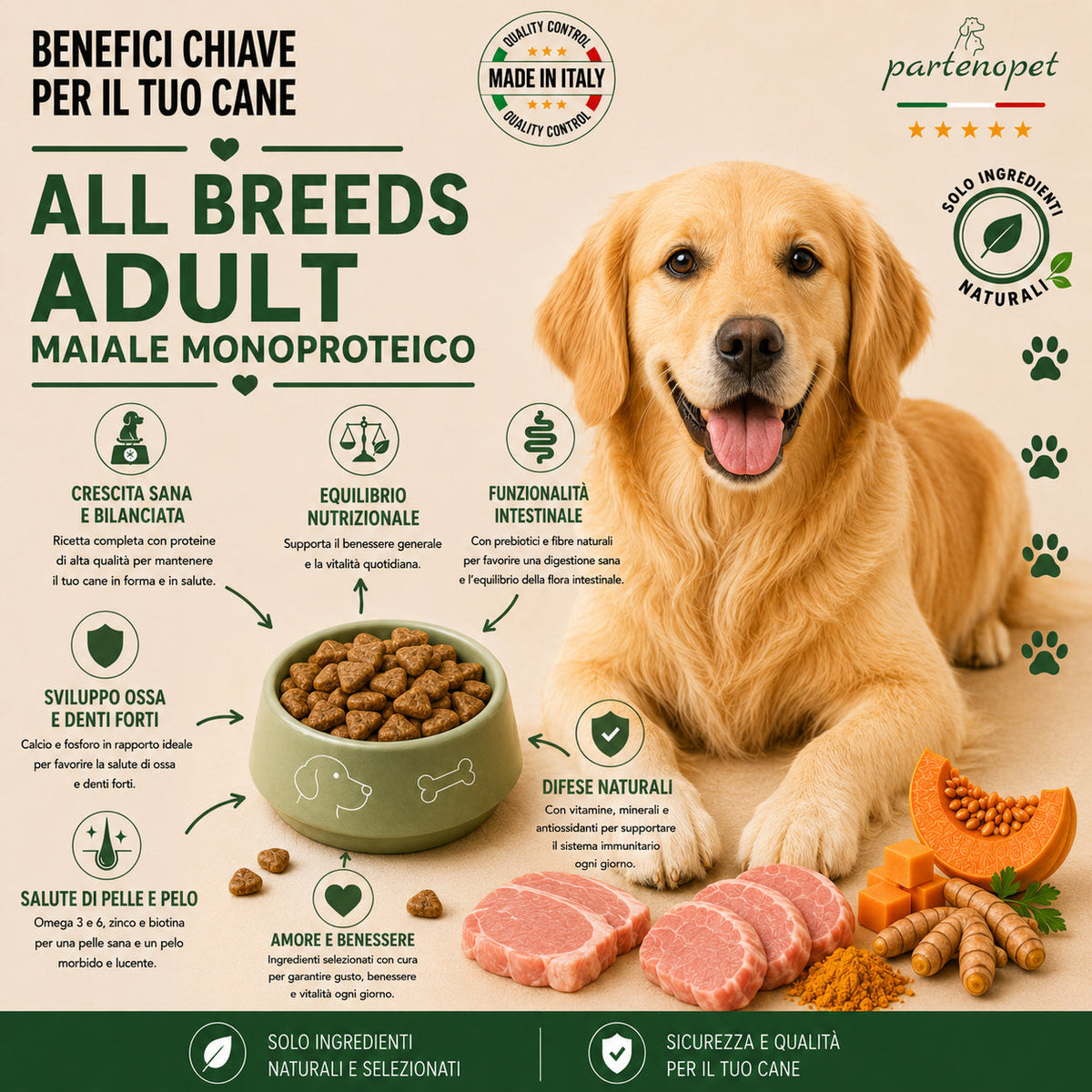 Crocchette Partenopet Adult All Breeds Maiale e Zucca 12 kg pressate a freddo per cani adulti