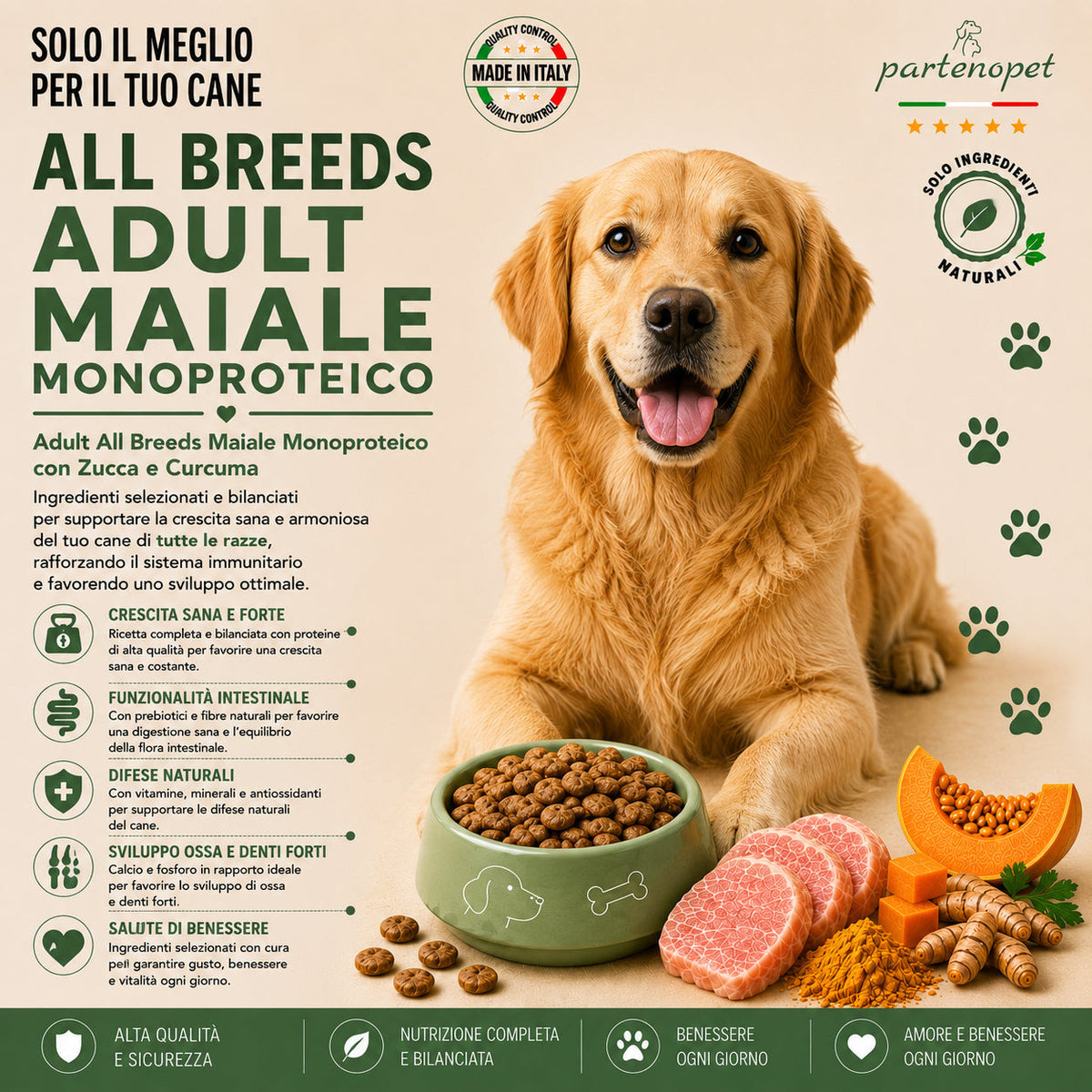 Crocchette Partenopet Adult All Breeds Maiale e Zucca 12 kg pressate a freddo per cani adulti