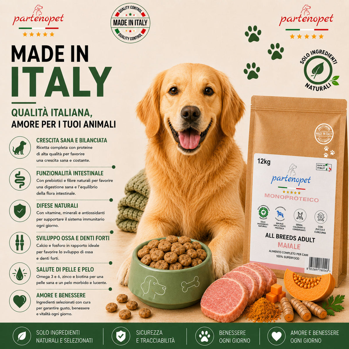 Crocchette Partenopet Adult All Breeds Maiale e Zucca 12 kg pressate a freddo per cani adulti