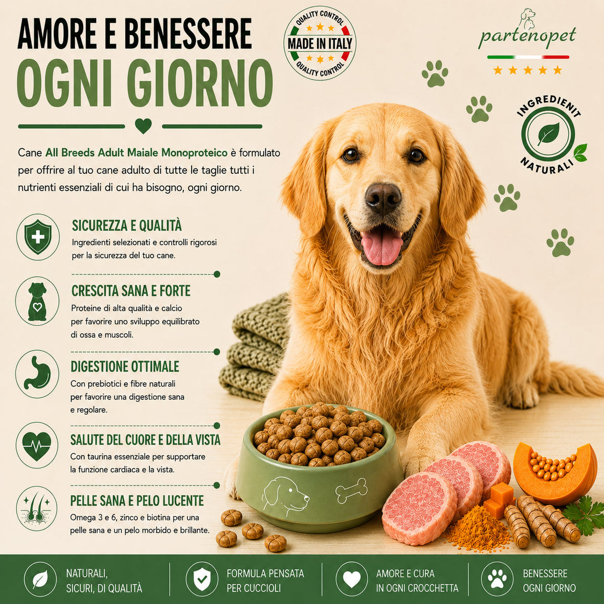 Crocchette Partenopet Adult All Breeds Maiale e Zucca 12 kg pressate a freddo per cani adulti