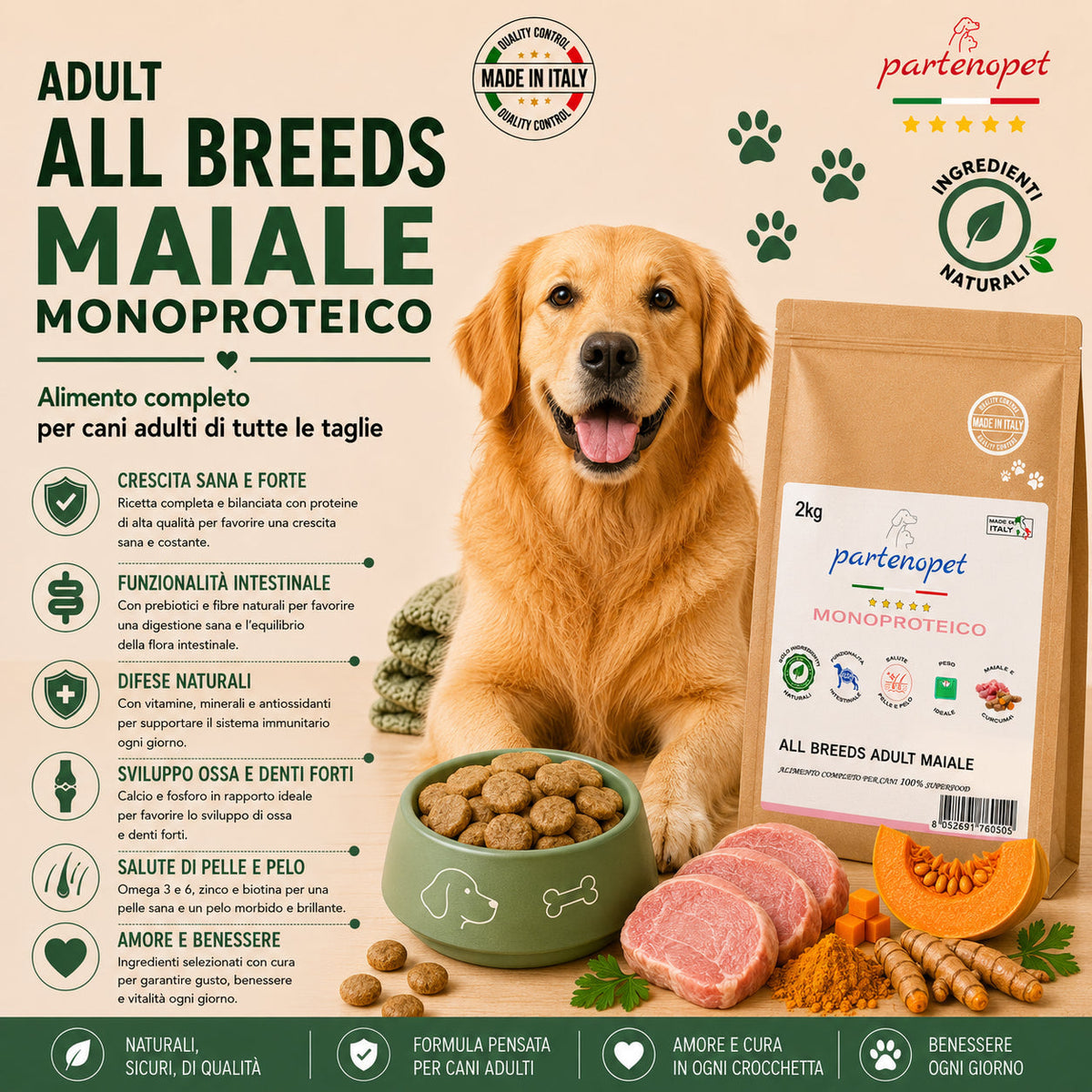 Crocchette Partenopet Adult All Breeds Maiale e Zucca 2 kg pressate a freddo per cani adulti