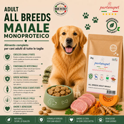 Partenopet Adult All Breeds Mono Maiale e Zucca Crocchette per Cani 100% Naturali 2 kg - Partenopet