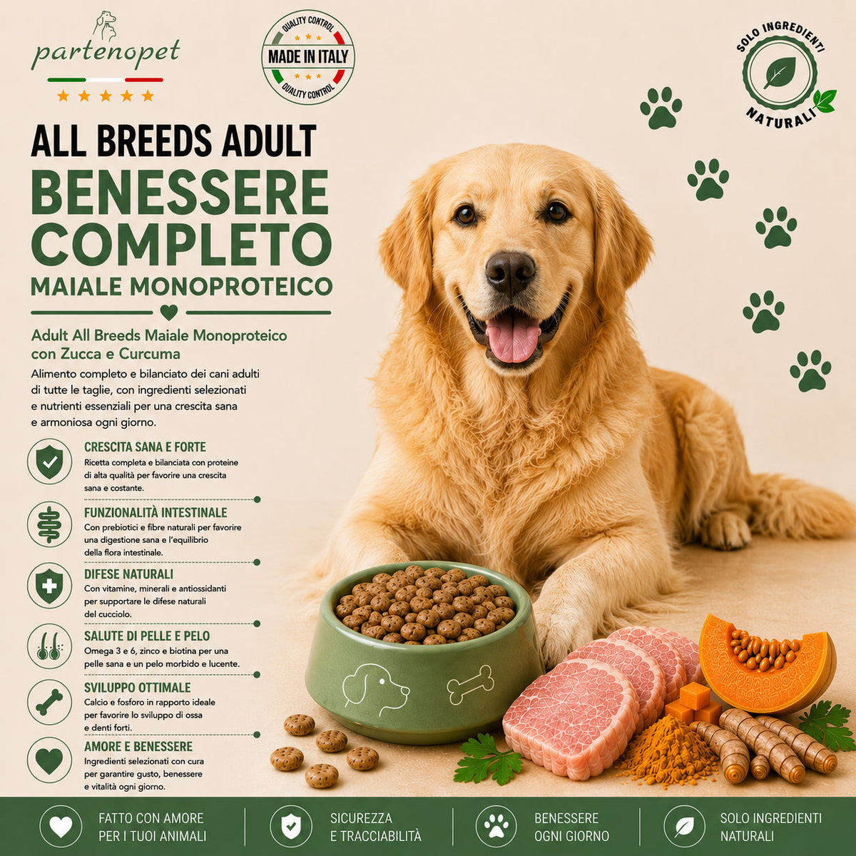 Crocchette Partenopet Adult All Breeds Maiale e Zucca 2 kg pressate a freddo per cani adulti