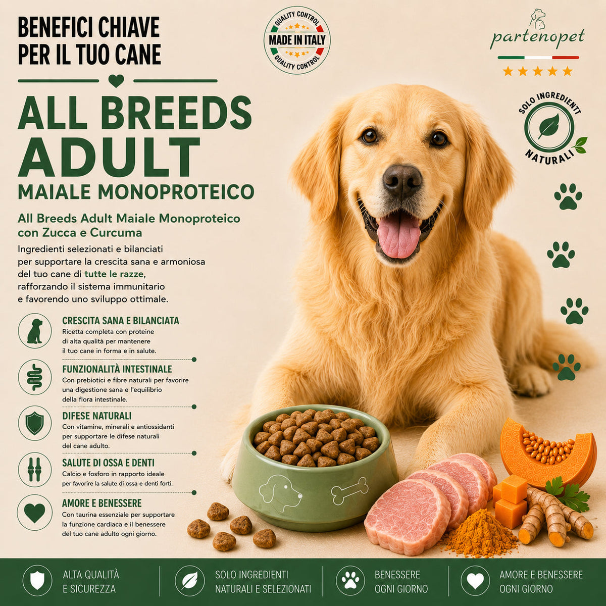 Crocchette Partenopet Adult All Breeds Maiale e Zucca 2 kg pressate a freddo per cani adulti
