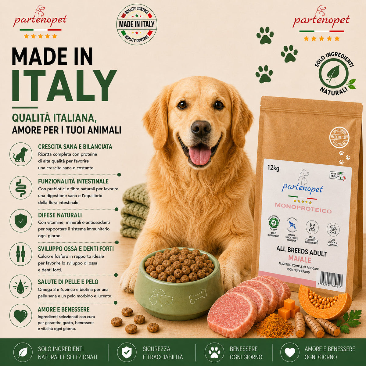 Crocchette Partenopet Adult All Breeds Maiale e Zucca 2 kg pressate a freddo per cani adulti