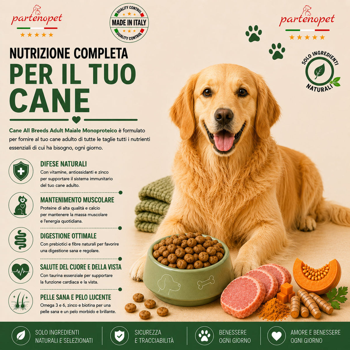 Crocchette Partenopet Adult All Breeds Maiale e Zucca 2 kg pressate a freddo per cani adulti