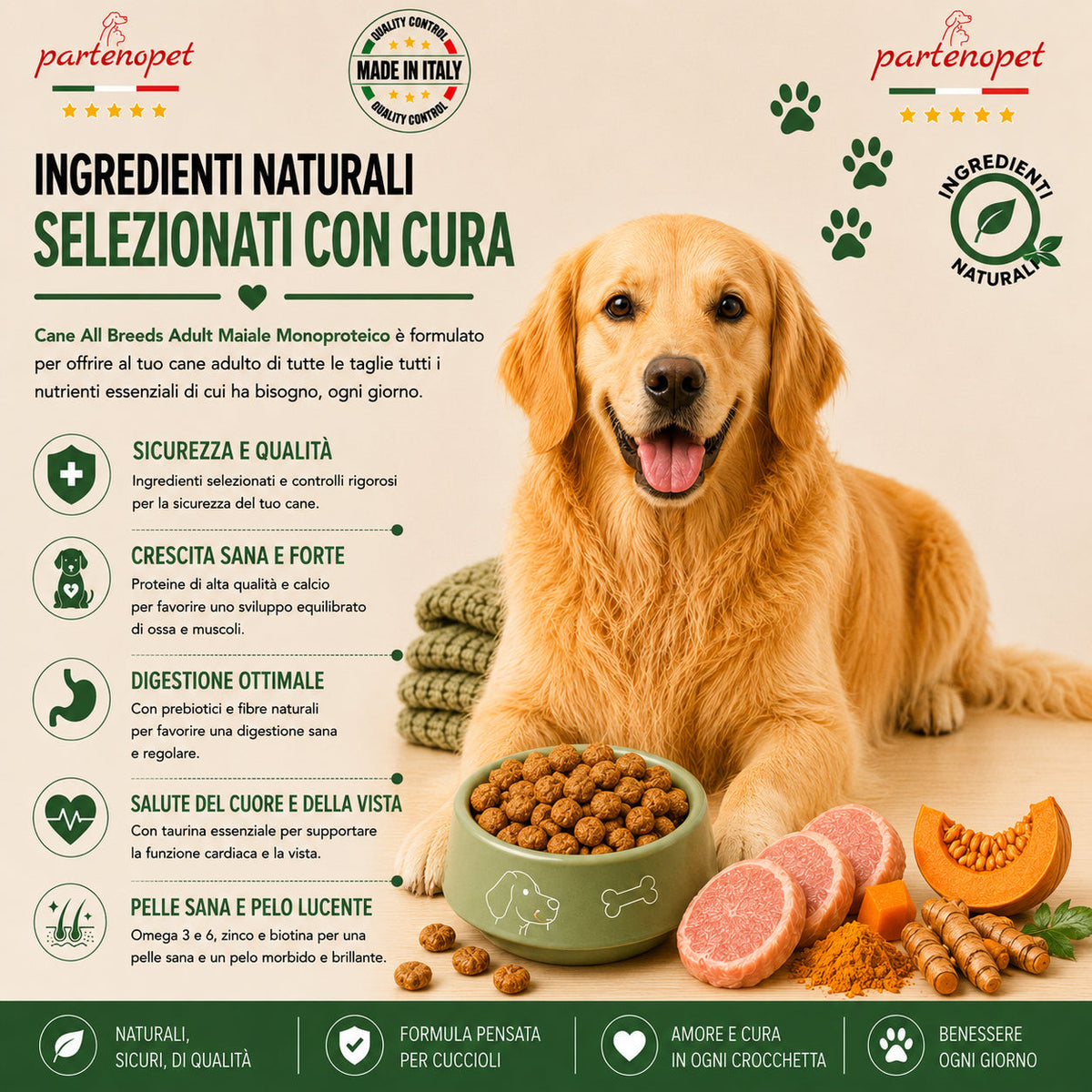 Crocchette Partenopet Adult All Breeds Maiale e Zucca 2 kg pressate a freddo per cani adulti