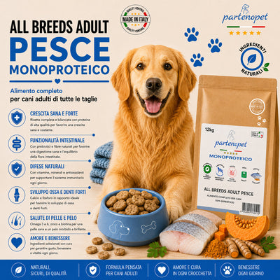 Sacco scorta 12kg crocchette Partenopet Adult All Breeds Pesce e Zucca, alimento naturale per cani dal manto bianco, pressato a freddo, monoproteico e prodotto in Italia.