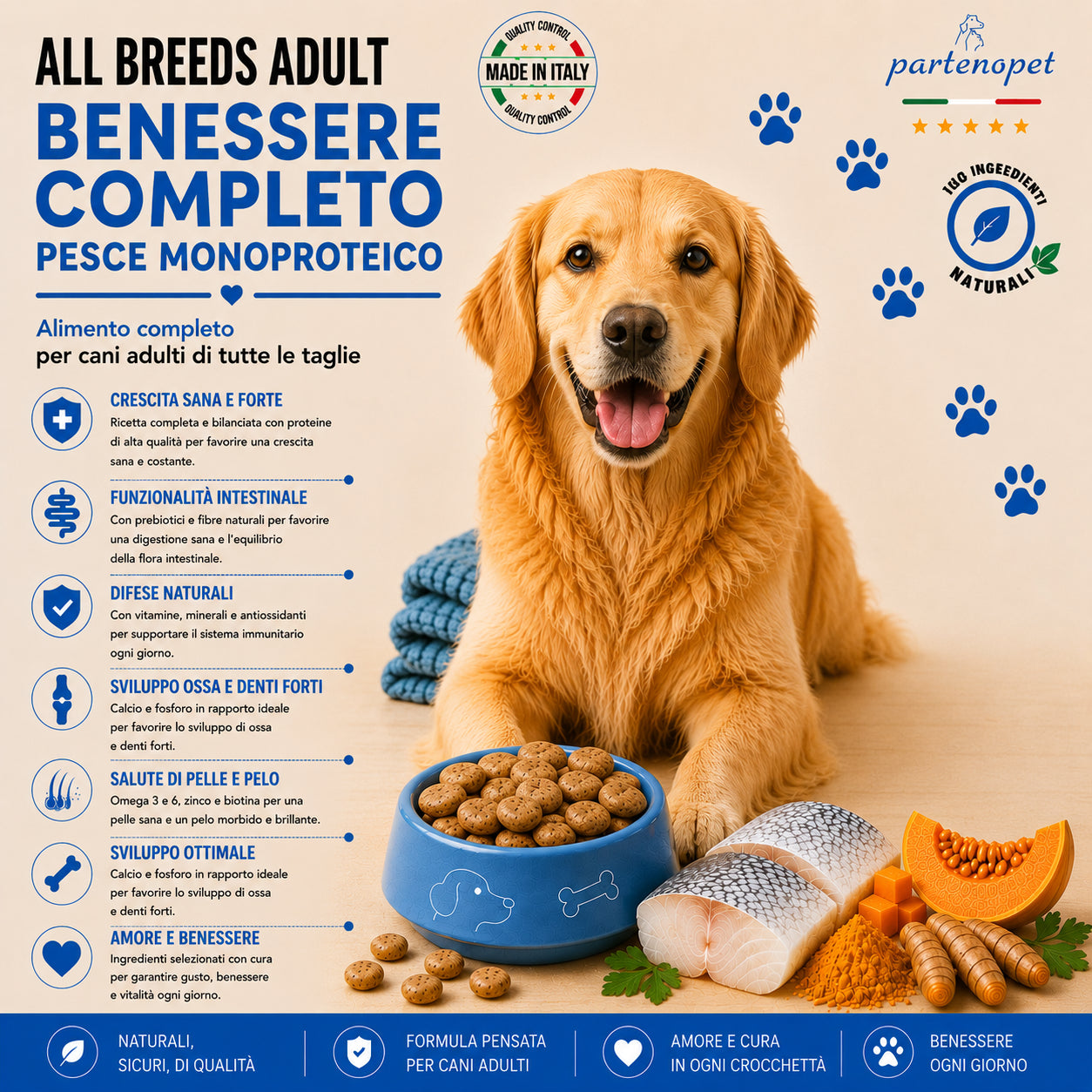 Sacco scorta 12kg crocchette Partenopet Adult All Breeds Pesce e Zucca, alimento naturale per cani dal manto bianco, pressato a freddo, monoproteico e prodotto in Italia.