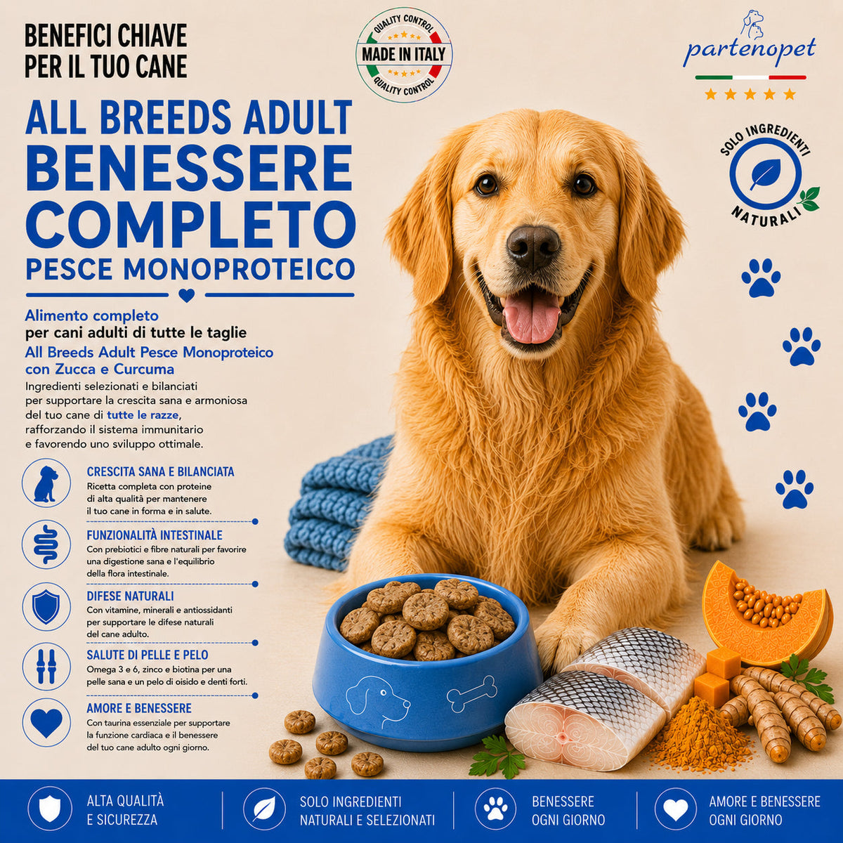 Sacco scorta 12kg crocchette Partenopet Adult All Breeds Pesce e Zucca, alimento naturale per cani dal manto bianco, pressato a freddo, monoproteico e prodotto in Italia.