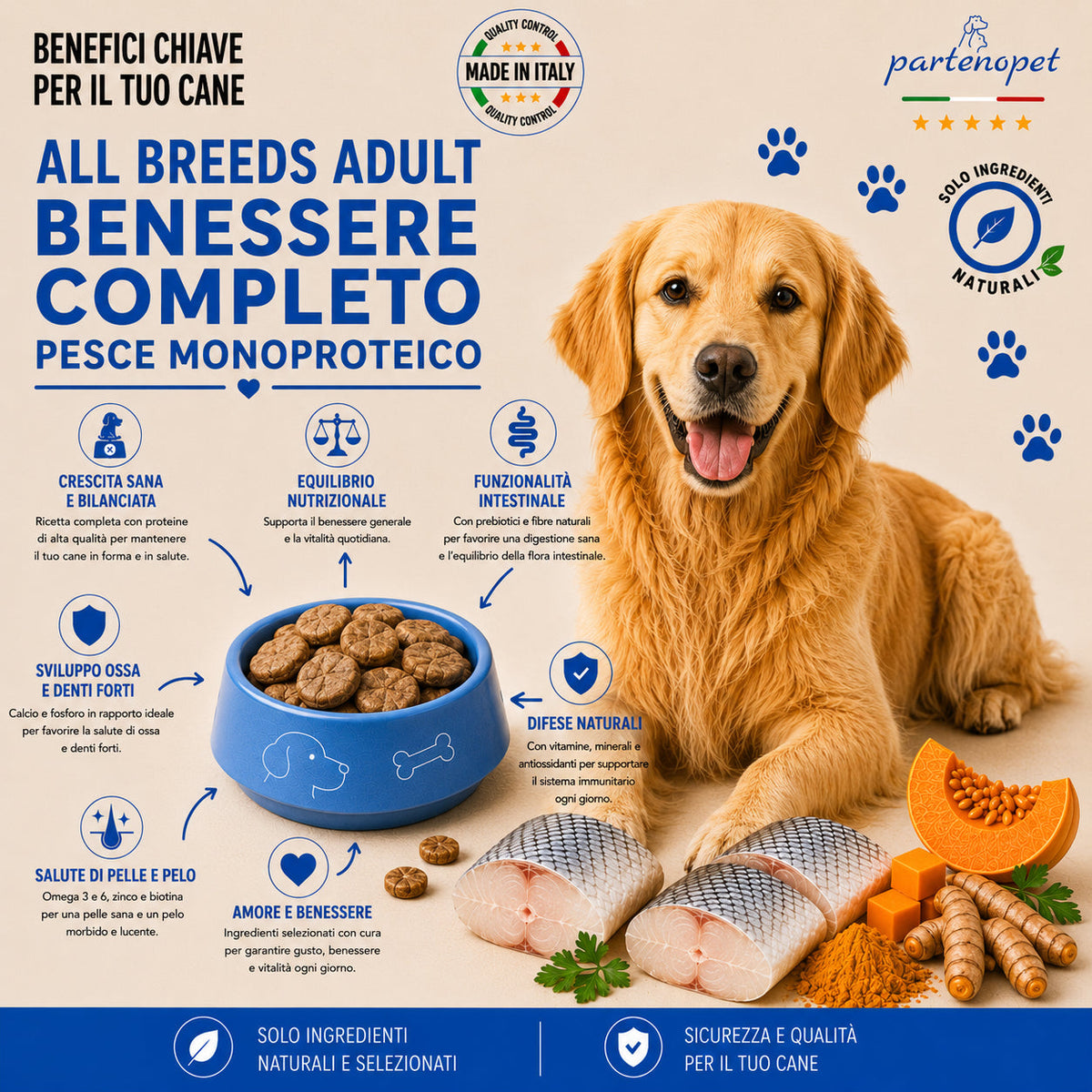 Sacco scorta 12kg crocchette Partenopet Adult All Breeds Pesce e Zucca, alimento naturale per cani dal manto bianco, pressato a freddo, monoproteico e prodotto in Italia.