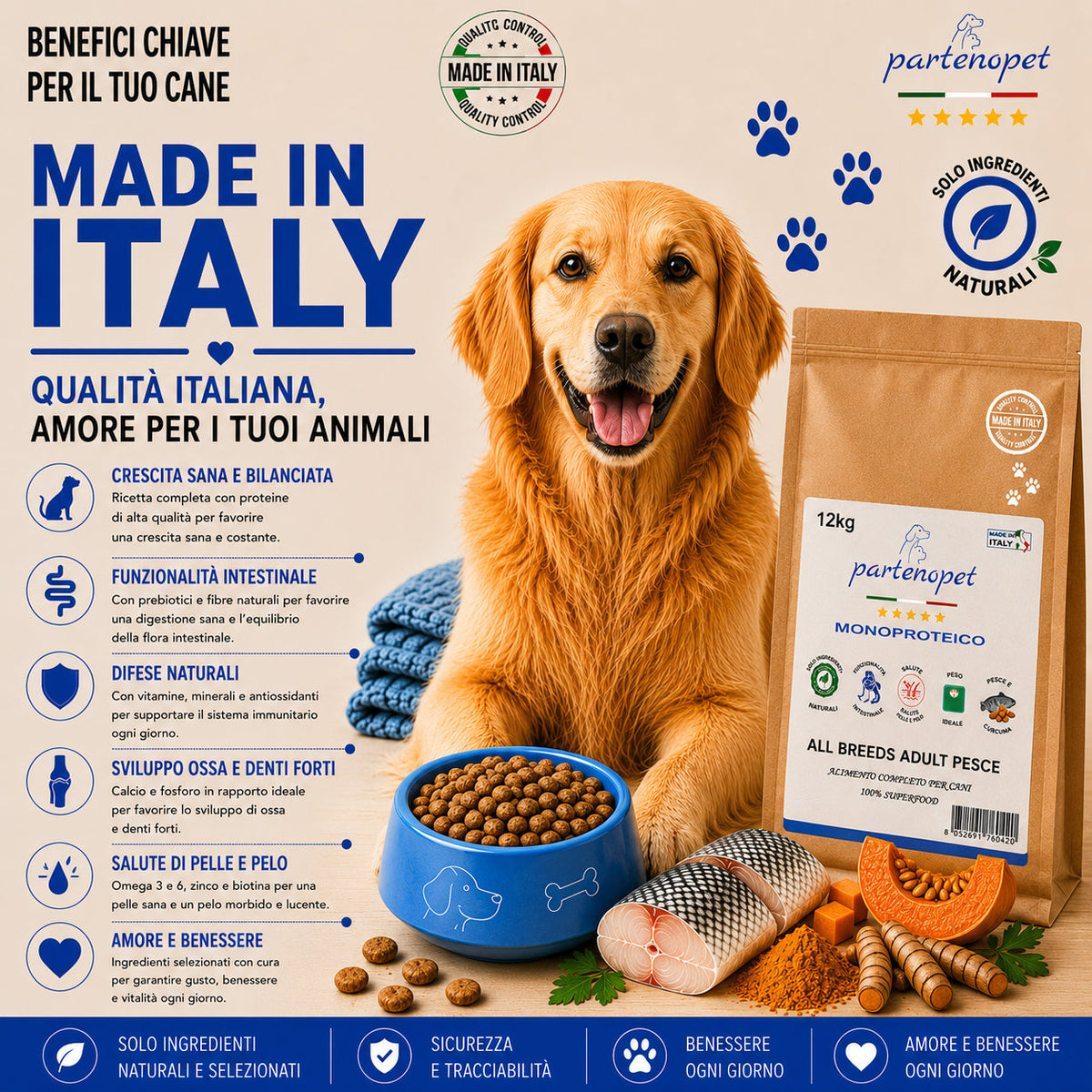 Sacco scorta 12kg crocchette Partenopet Adult All Breeds Pesce e Zucca, alimento naturale per cani dal manto bianco, pressato a freddo, monoproteico e prodotto in Italia.