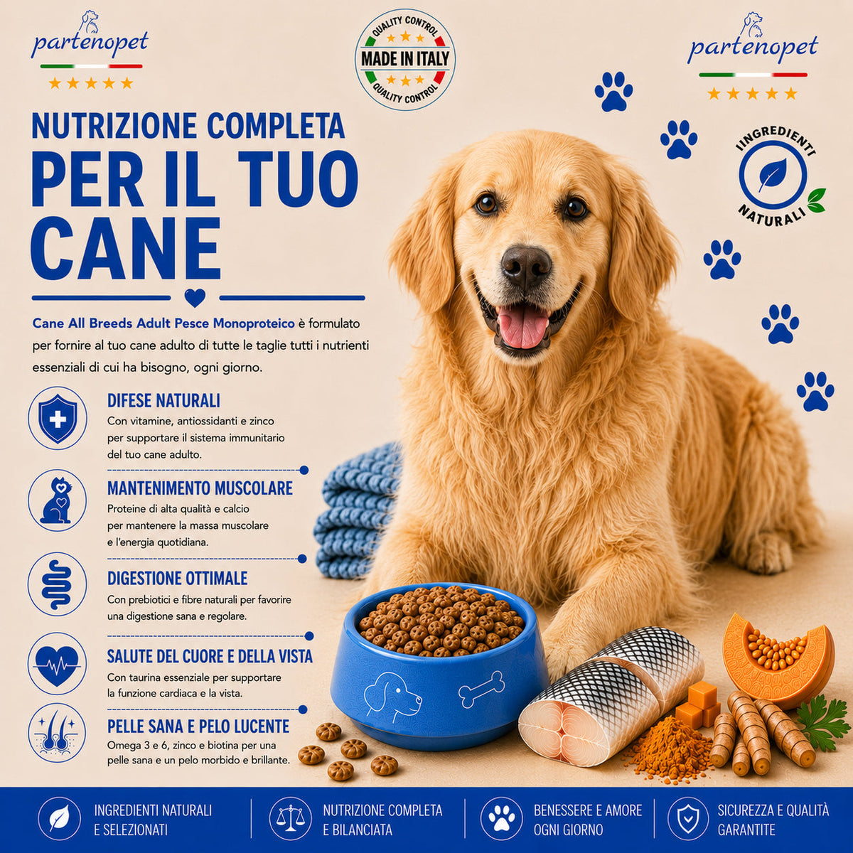 Sacco scorta 12kg crocchette Partenopet Adult All Breeds Pesce e Zucca, alimento naturale per cani dal manto bianco, pressato a freddo, monoproteico e prodotto in Italia.