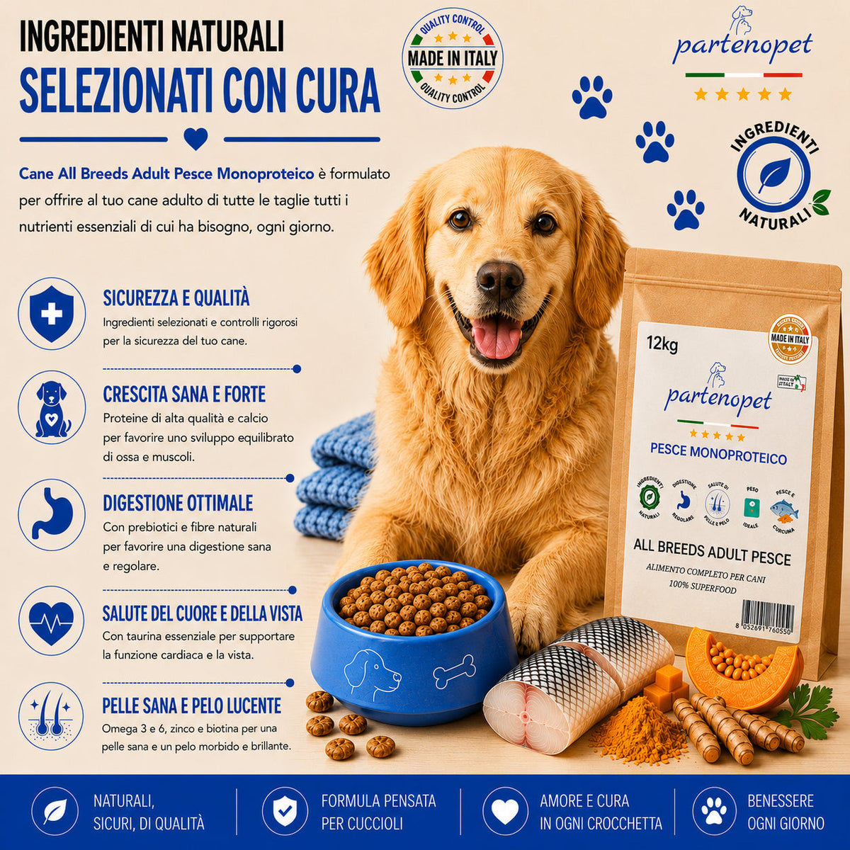Sacco scorta 12kg crocchette Partenopet Adult All Breeds Pesce e Zucca, alimento naturale per cani dal manto bianco, pressato a freddo, monoproteico e prodotto in Italia.