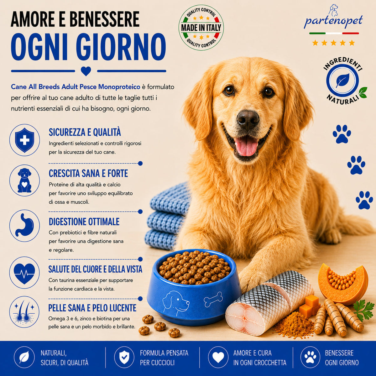 Sacco scorta 12kg crocchette Partenopet Adult All Breeds Pesce e Zucca, alimento naturale per cani dal manto bianco, pressato a freddo, monoproteico e prodotto in Italia.