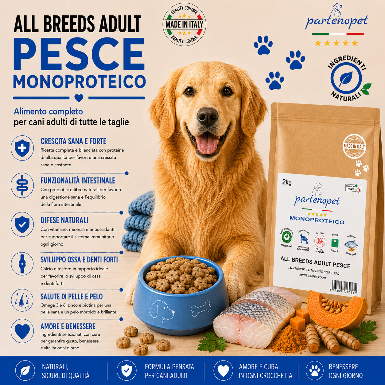 Sacco da 2kg crocchette Partenopet Adult All Breeds Pesce e Zucca, alimento monoproteico naturale per cani dal manto bianco, pressato a freddo, Made in Italy