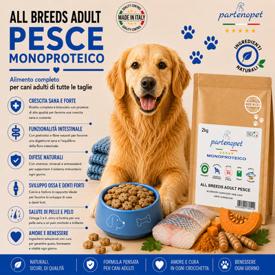 Sacco da 2kg crocchette Partenopet Adult All Breeds Pesce e Zucca, alimento monoproteico naturale per cani dal manto bianco, pressato a freddo, Made in Italy