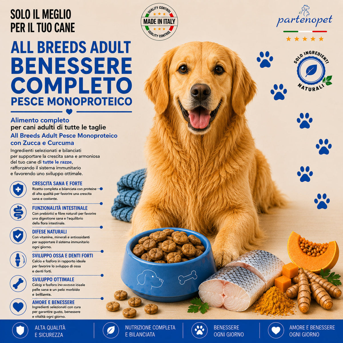 Sacco da 2kg crocchette Partenopet Adult All Breeds Pesce e Zucca, alimento monoproteico naturale per cani dal manto bianco, pressato a freddo, Made in Italy