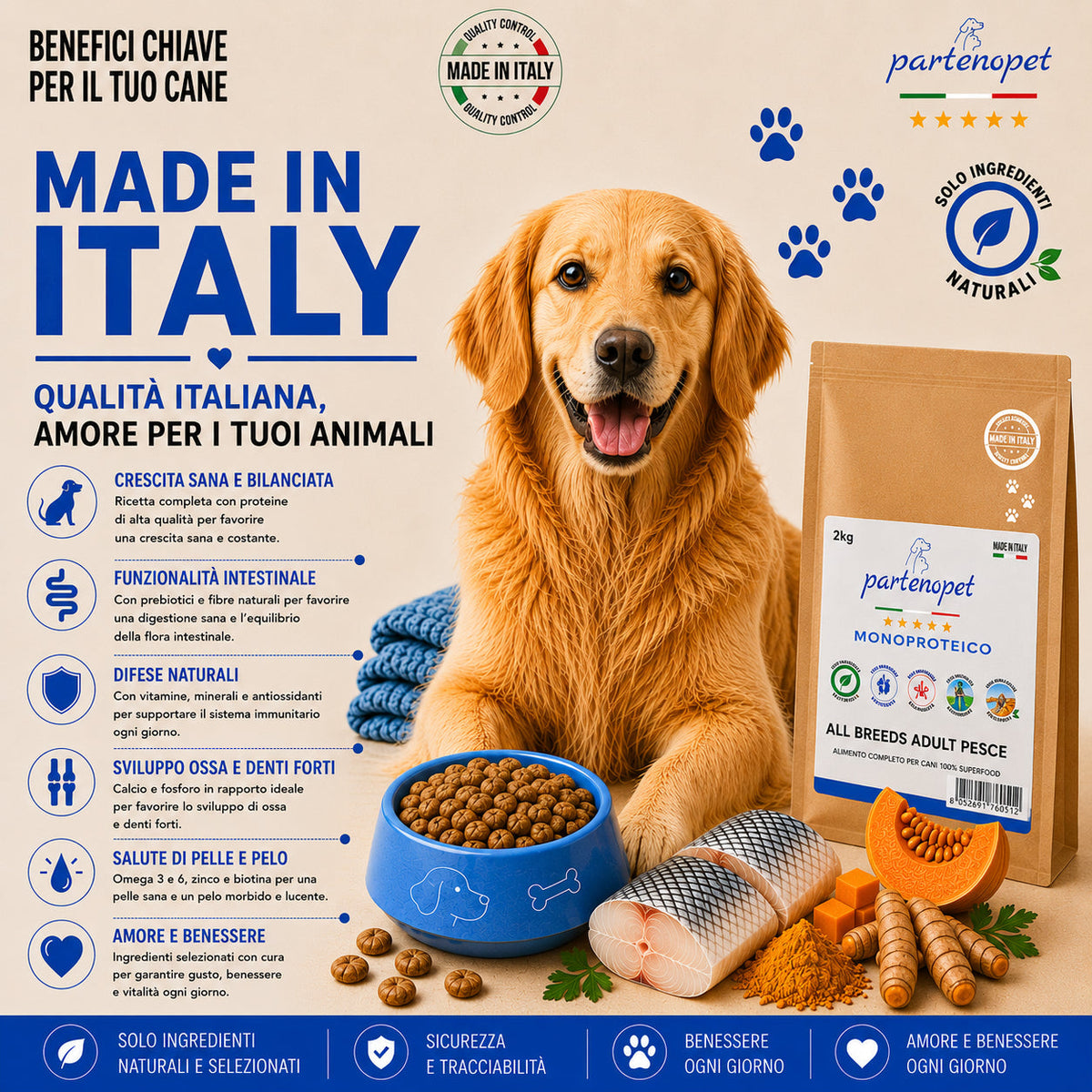 Sacco da 2kg crocchette Partenopet Adult All Breeds Pesce e Zucca, alimento monoproteico naturale per cani dal manto bianco, pressato a freddo, Made in Italy