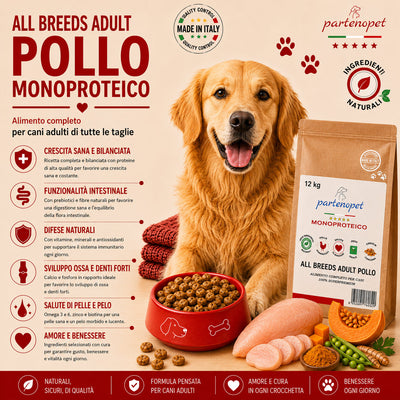 Sacco convenienza 12kg crocchette Partenopet Adult All Breeds Pollo e Zucca, alimento naturale monoproteico per cani pressato a freddo, Made in Italy senza conservanti.