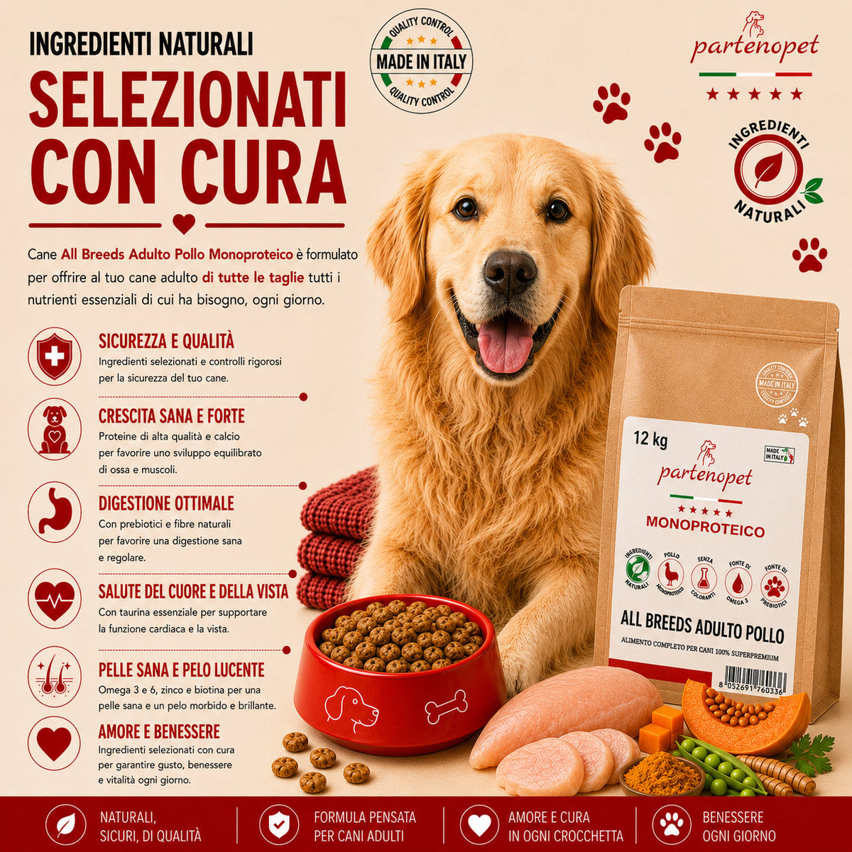 Crocchette Partenopet Adult All Breeds Pollo e Zucca 12 kg pressate a freddo per cani adulti