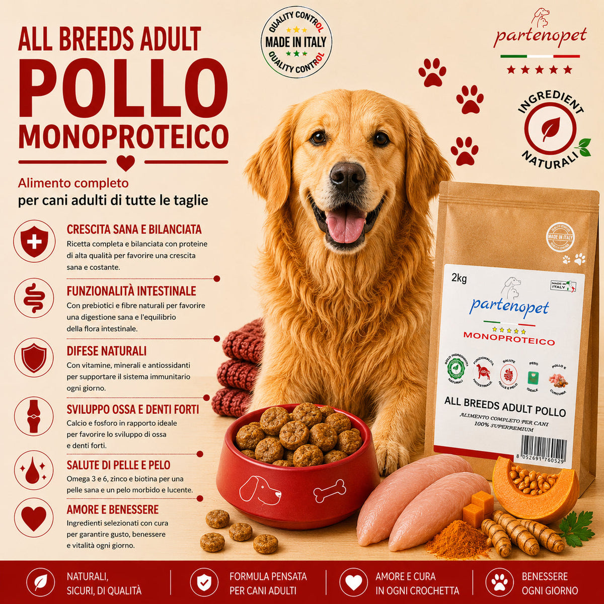 Crocchette Partenopet Adult All Breeds Pollo e Zucca 2 kg pressate a freddo per cani adulti