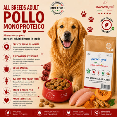 Sacco da 2kg crocchette Partenopet Adult All Breeds Pollo e Zucca, alimento naturale per cani pressato a freddo prodotto in Italia, monoproteico e senza conservanti.