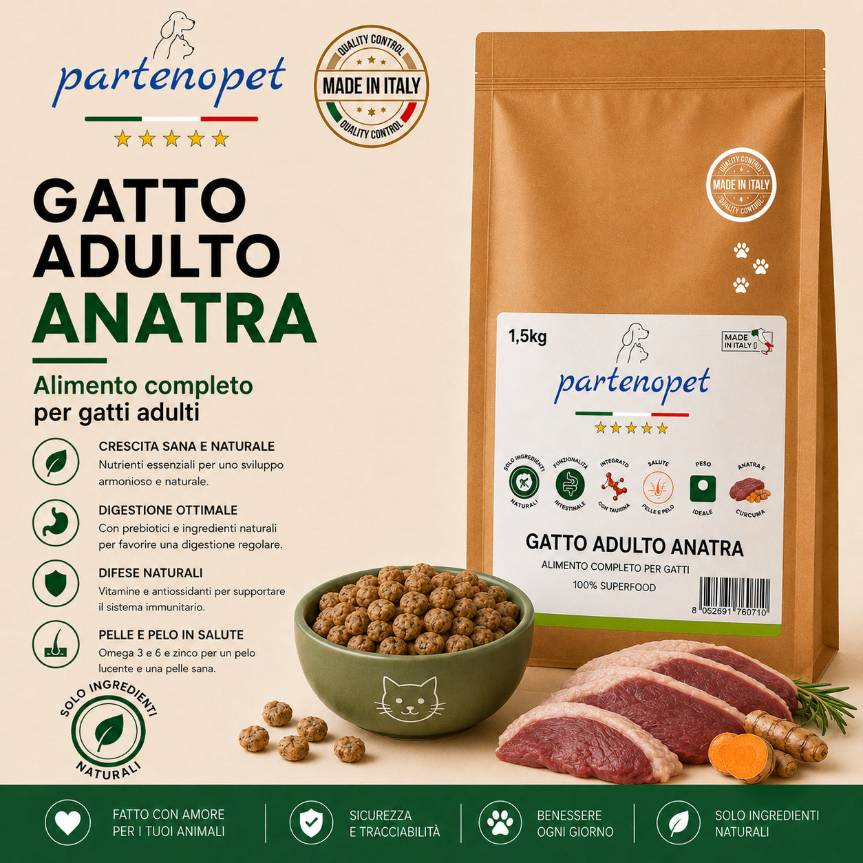 Sacco da 1,5kg crocchette Partenopet Adult Cat all'anatra, alimento naturale per gatti adulti pressato a freddo prodotto in Italia, senza conservanti né coloranti, con Taurina e Curcuma.