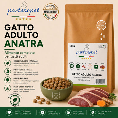 Sacco da 1,5kg crocchette Partenopet Adult Cat all'anatra, alimento naturale per gatti adulti pressato a freddo prodotto in Italia, senza conservanti né coloranti, con Taurina e Curcuma.