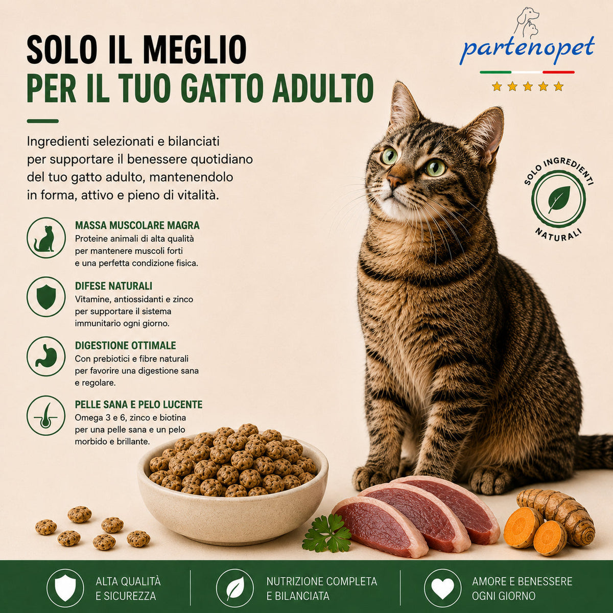 Sacco da 1,5kg crocchette Partenopet Adult Cat all'anatra, alimento naturale per gatti adulti pressato a freddo prodotto in Italia, senza conservanti né coloranti, con Taurina e Curcuma.