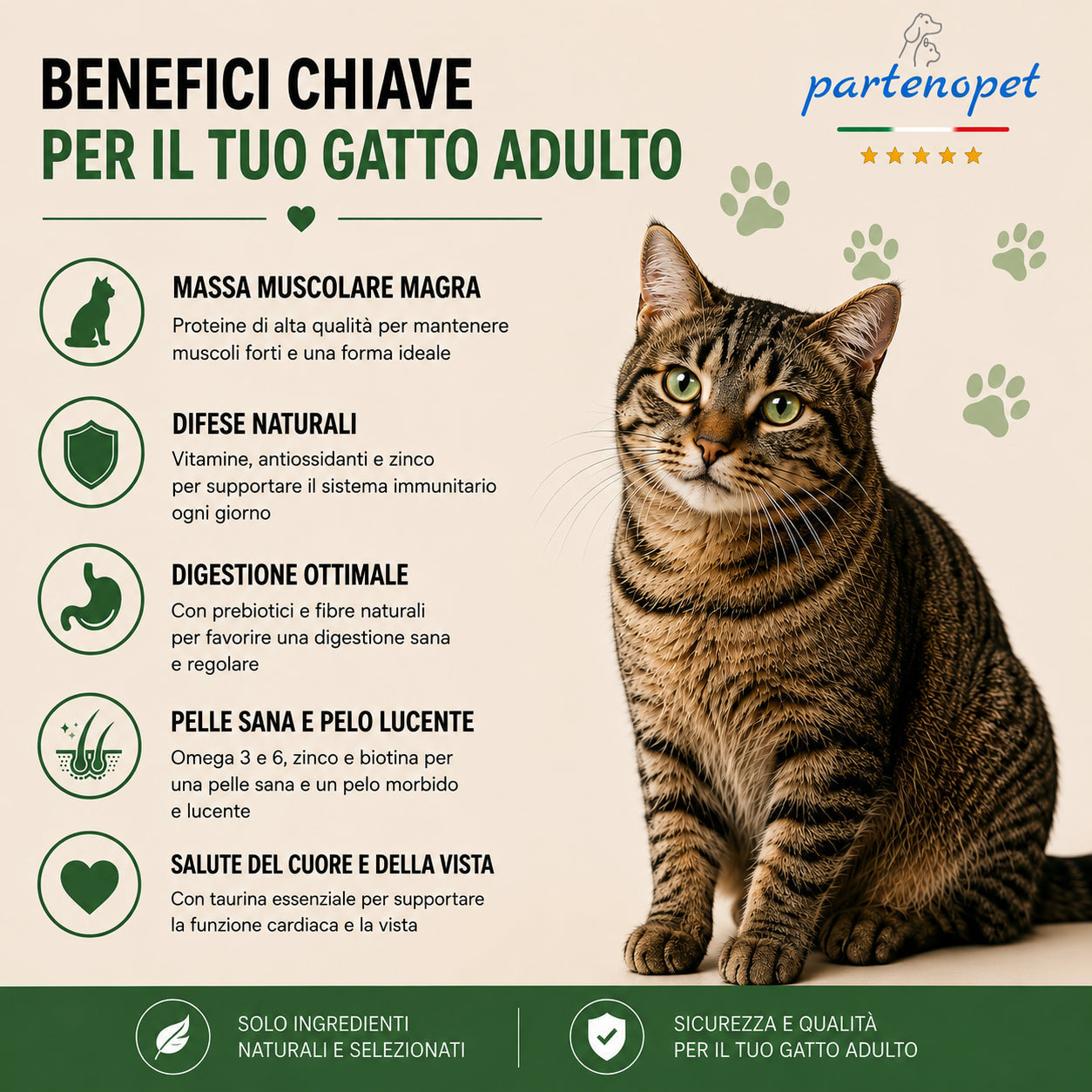 Sacco da 1,5kg crocchette Partenopet Adult Cat all'anatra, alimento naturale per gatti adulti pressato a freddo prodotto in Italia, senza conservanti né coloranti, con Taurina e Curcuma.