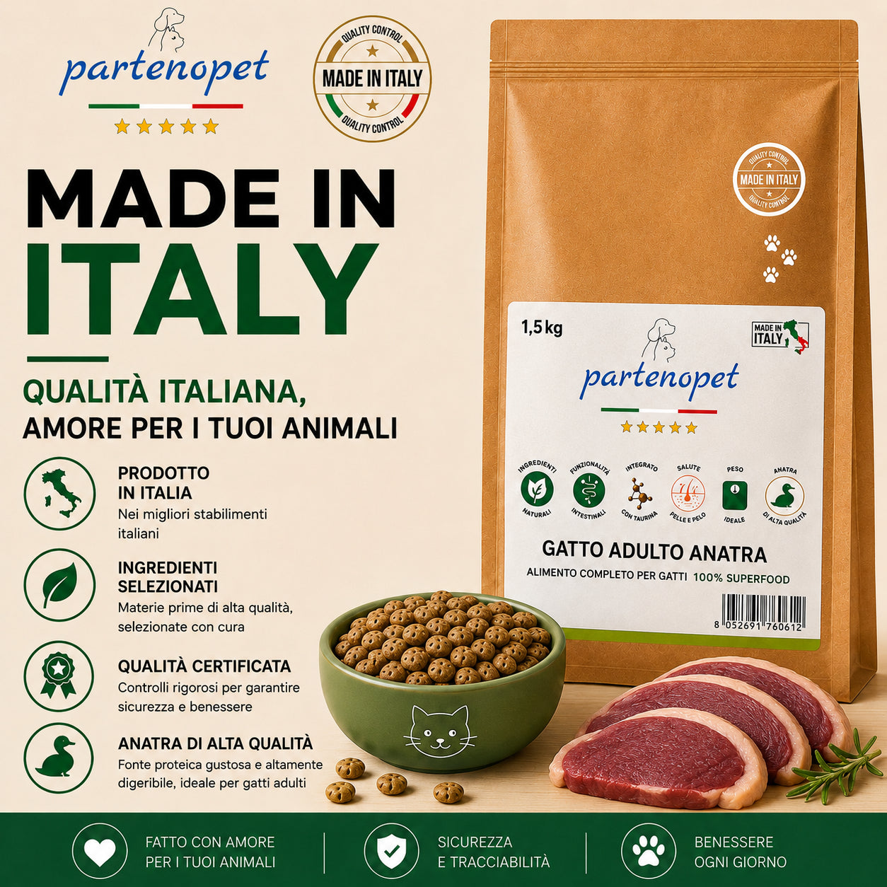 Sacco da 1,5kg crocchette Partenopet Adult Cat all'anatra, alimento naturale per gatti adulti pressato a freddo prodotto in Italia, senza conservanti né coloranti, con Taurina e Curcuma.