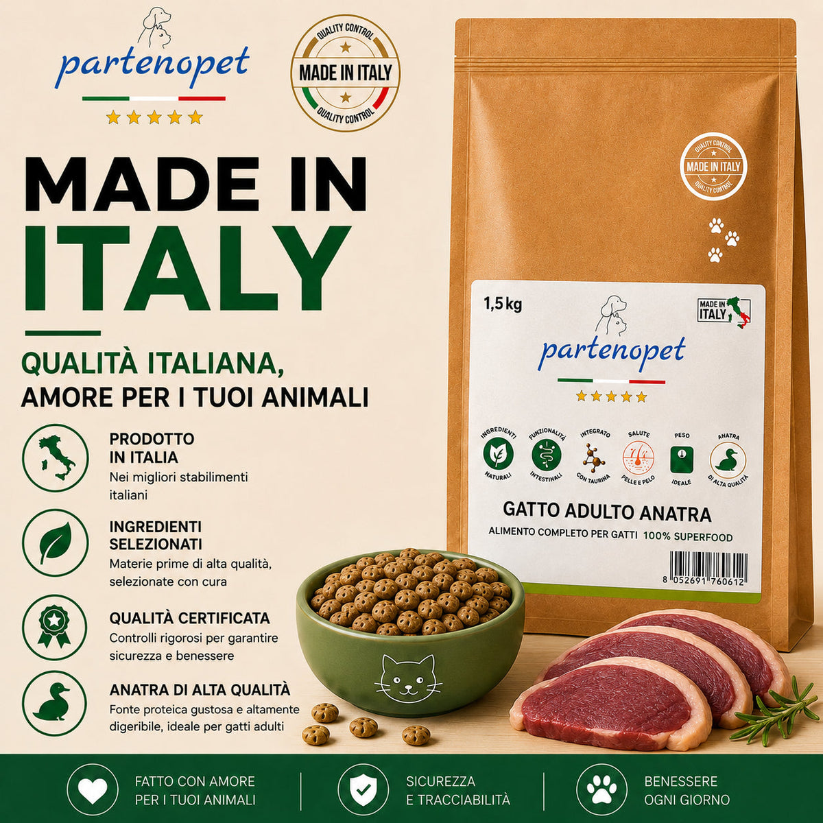 Sacco da 1,5kg crocchette Partenopet Adult Cat all'anatra, alimento naturale per gatti adulti pressato a freddo prodotto in Italia, senza conservanti né coloranti, con Taurina e Curcuma.