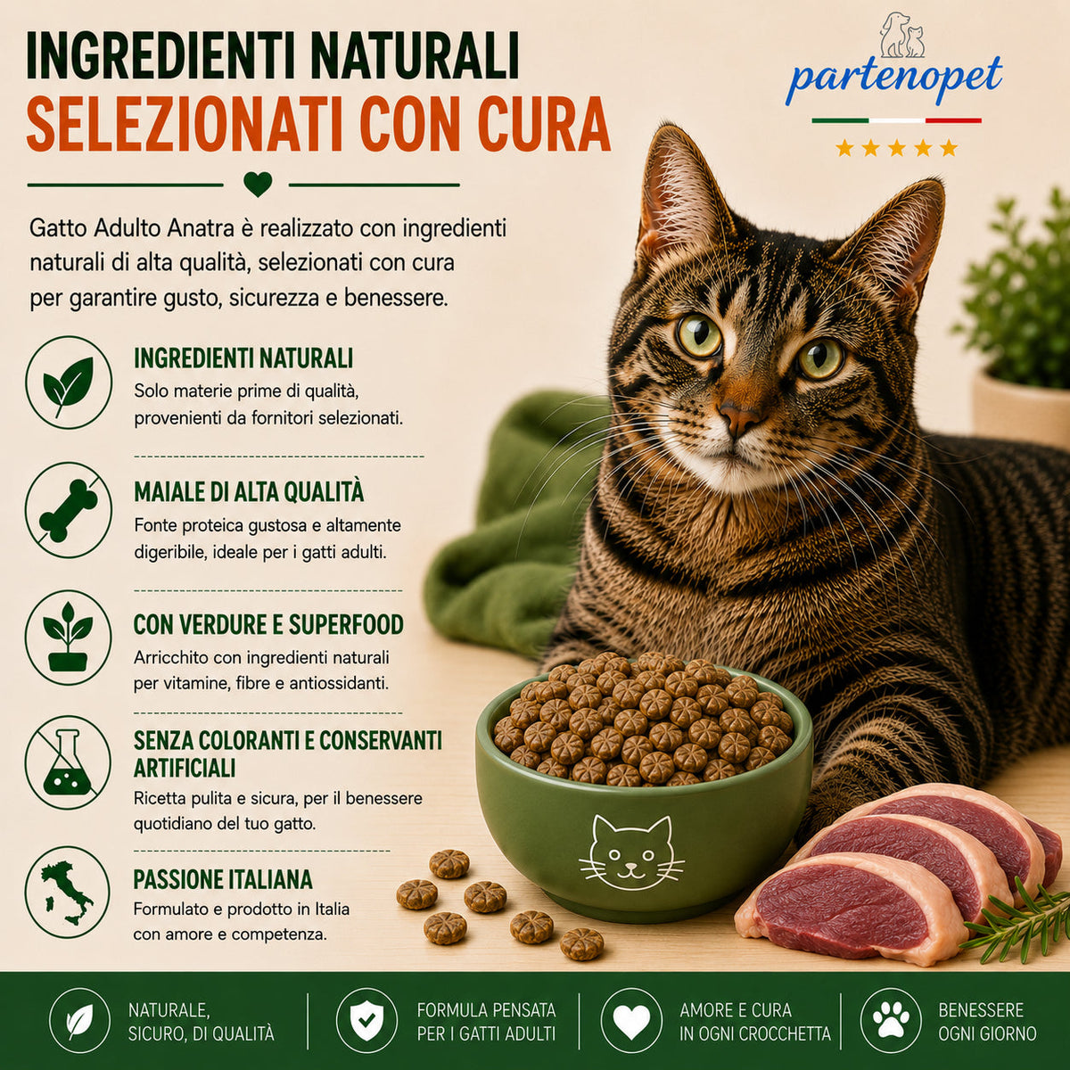 Sacco da 1,5kg crocchette Partenopet Adult Cat all'anatra, alimento naturale per gatti adulti pressato a freddo prodotto in Italia, senza conservanti né coloranti, con Taurina e Curcuma.