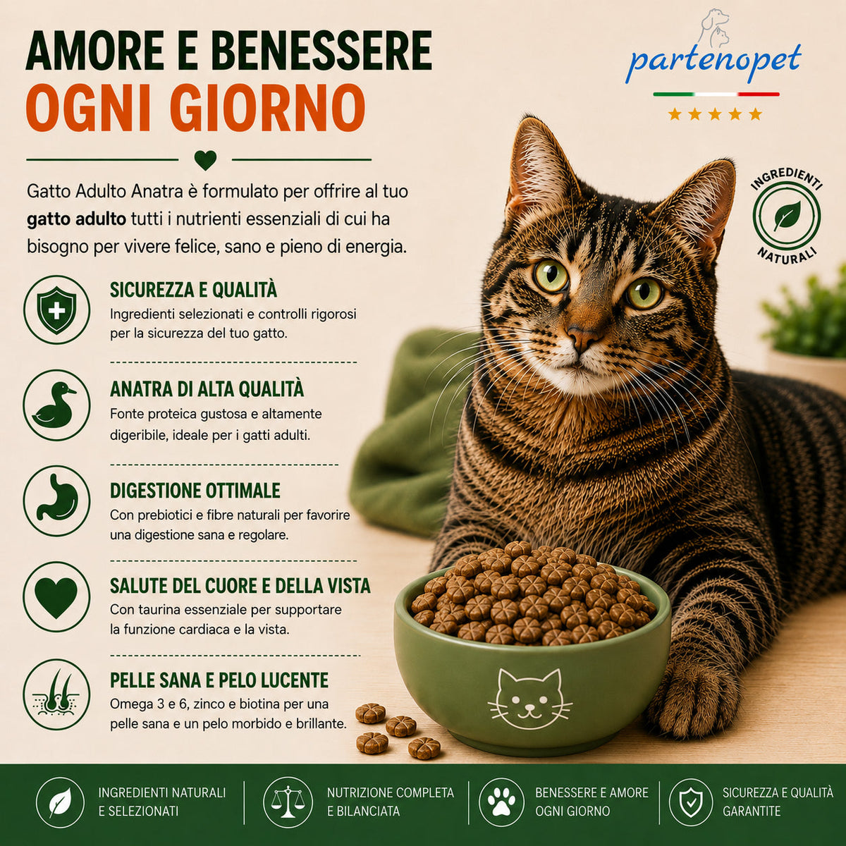 Sacco da 1,5kg crocchette Partenopet Adult Cat all'anatra, alimento naturale per gatti adulti pressato a freddo prodotto in Italia, senza conservanti né coloranti, con Taurina e Curcuma.