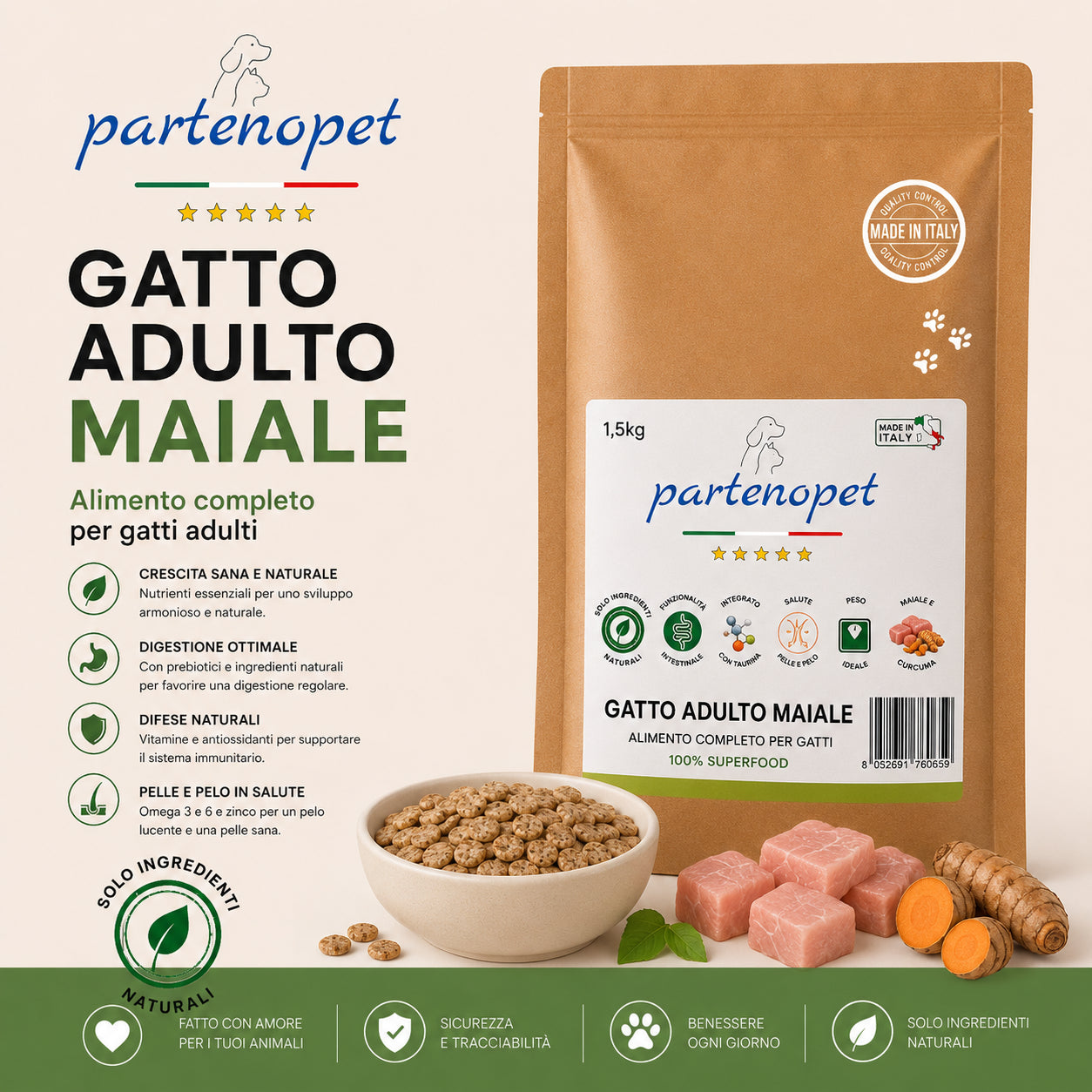 Partenopet Adult Cat Maiale Crocchette per Gatti Adulti Pressate a Freddo 1,5 kg - Partenopet