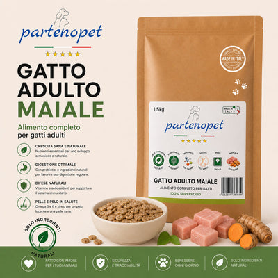 Partenopet Adult Cat Maiale Crocchette per Gatti Adulti Pressate a Freddo 1,5 kg - Partenopet
