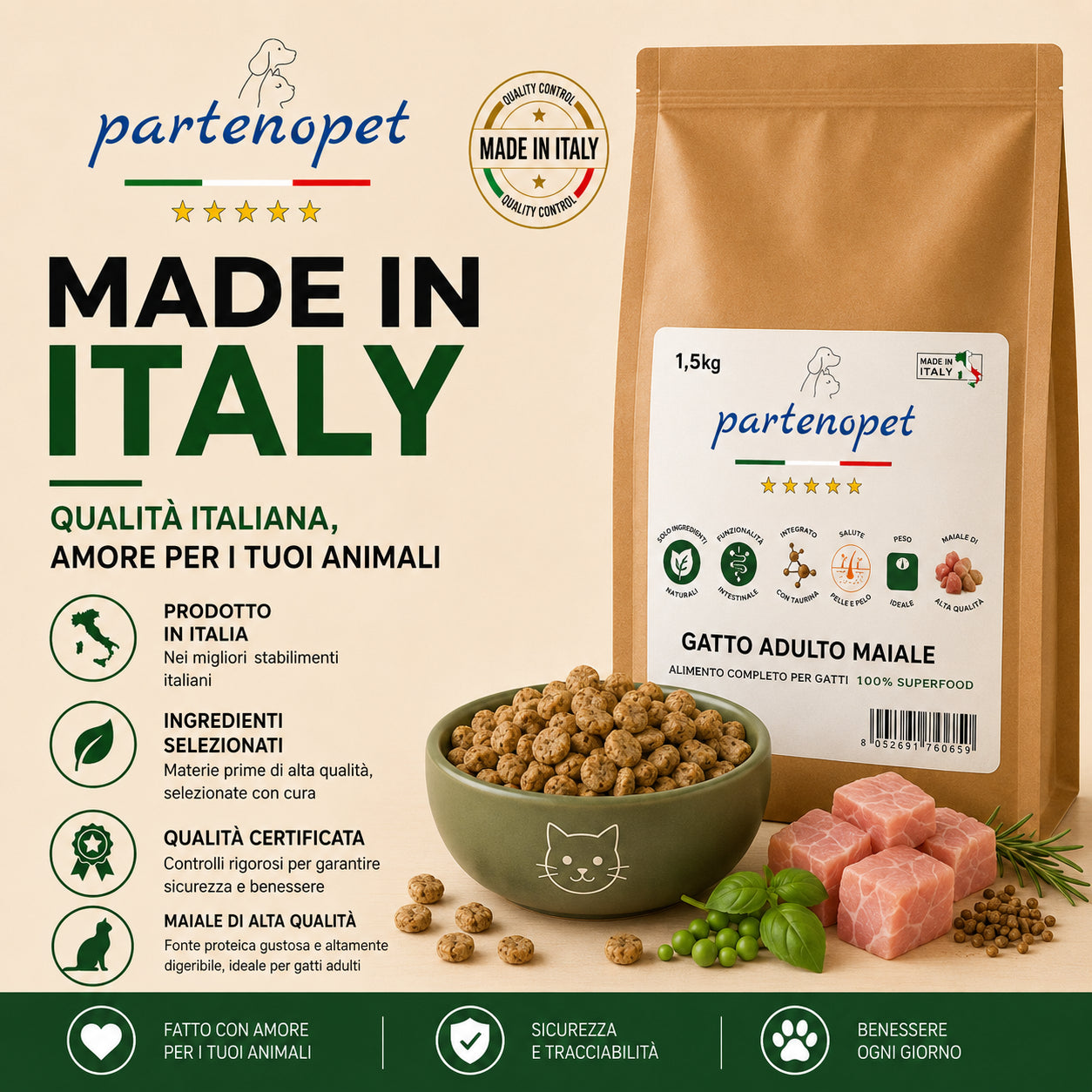 Partenopet Adult Cat Maiale Crocchette per Gatti Adulti Pressate a Freddo 1,5 kg - Partenopet