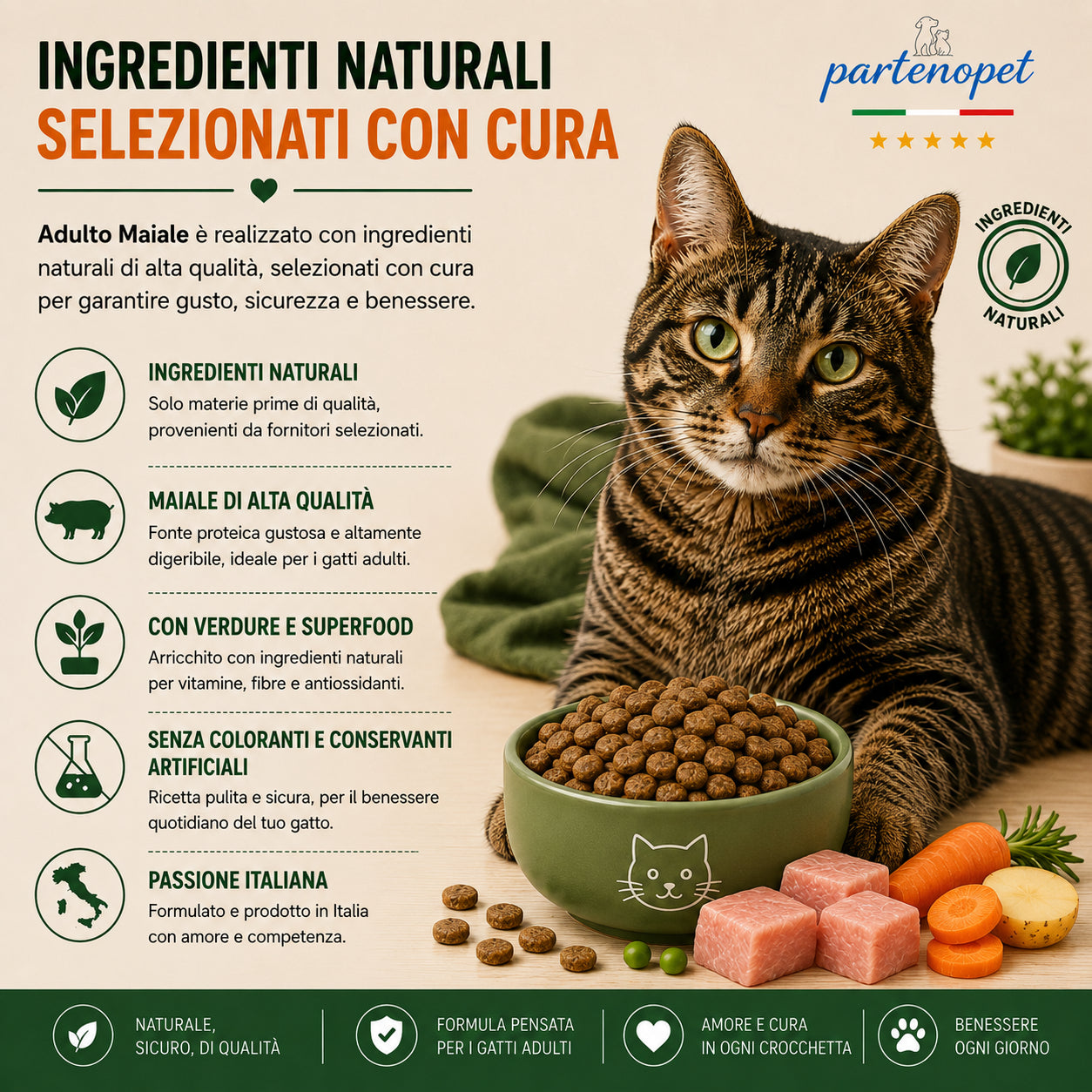 Partenopet Adult Cat Maiale Crocchette per Gatti Adulti Pressate a Freddo 1,5 kg - Partenopet