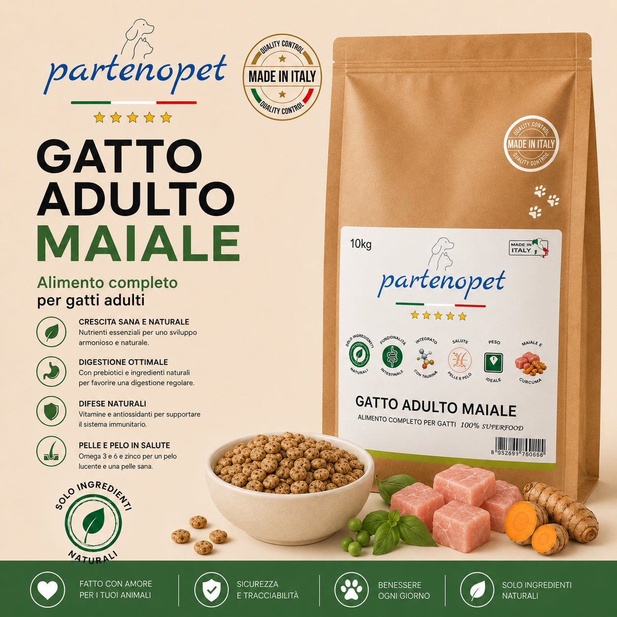Sacco da 10 kg crocchette Partenopet Adult Cat al maiale, alimento naturale per gatti adulti pressato a freddo prodotto in Italia, senza conservanti né coloranti.