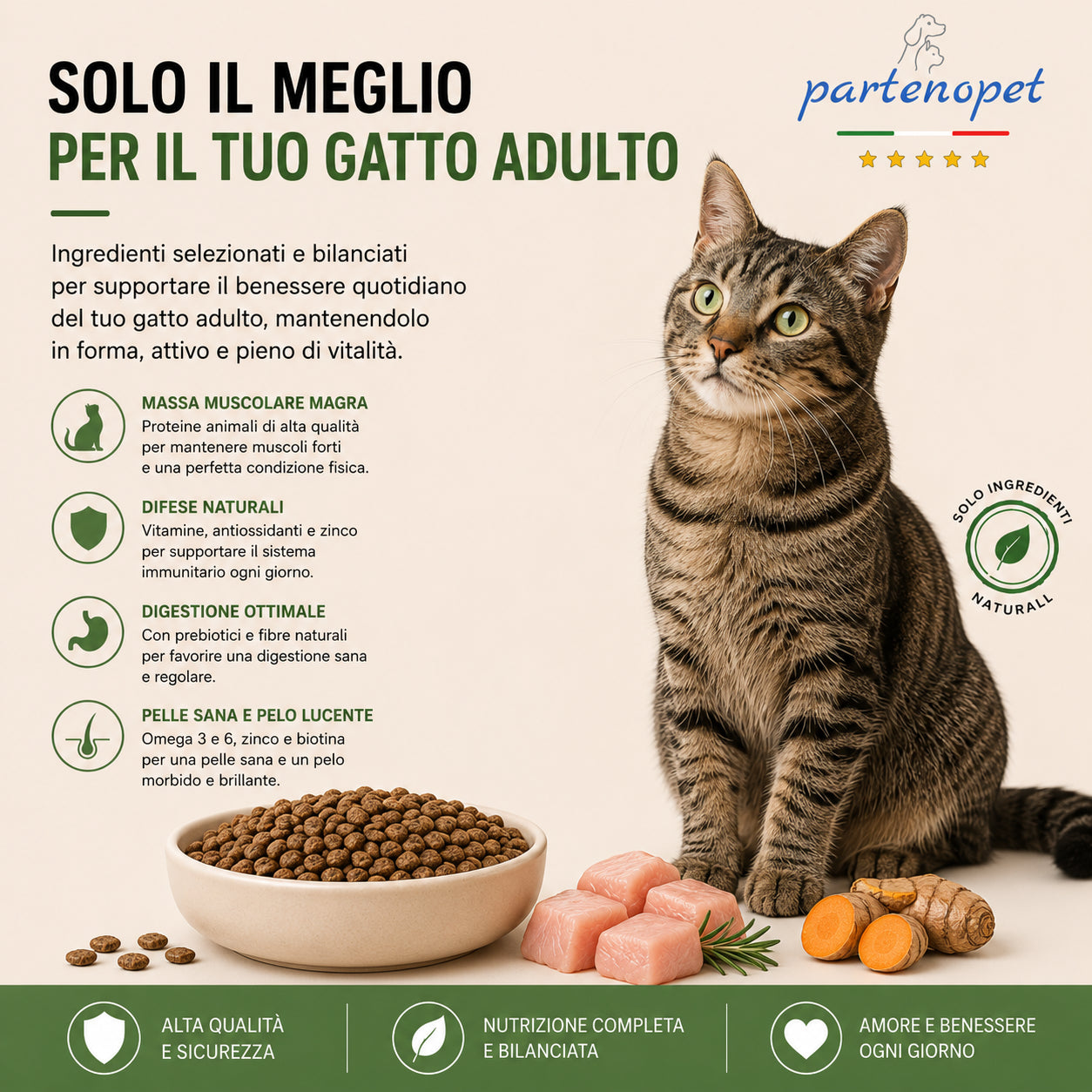 Sacco convenienza 10kg crocchette Partenopet Adult Cat al maiale, alimento naturale per gatti adulti pressato a freddo prodotto in Italia, senza conservanti né coloranti.