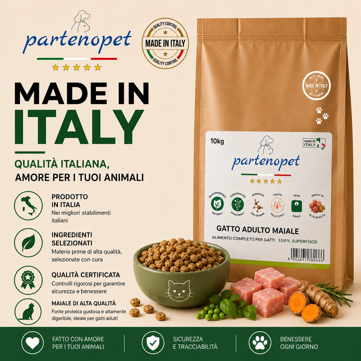 Sacco da 10 kg crocchette Partenopet Adult Cat al maiale, alimento naturale per gatti adulti pressato a freddo prodotto in Italia, senza conservanti né coloranti.
