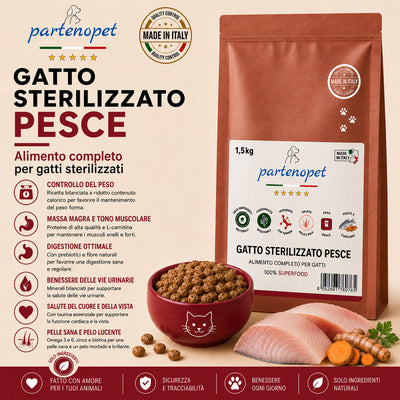 Busta di crocchette al pesce per gatti sterilizzati pressate a freddo senza conservanti e coloranti marca Partenopet da 1,5 kg