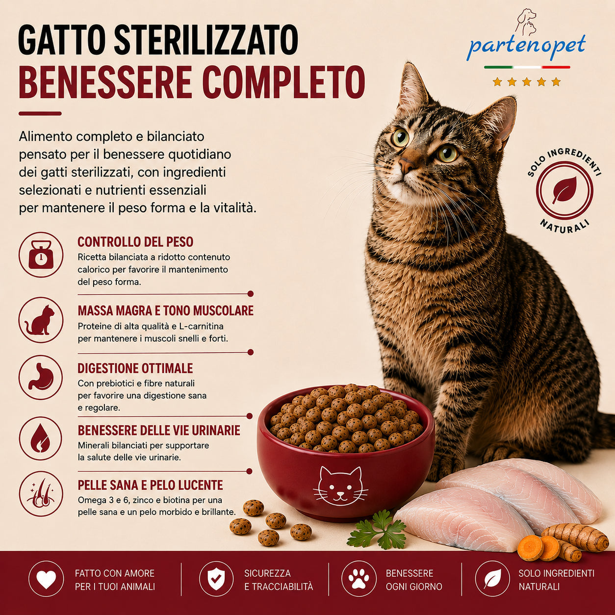 Busta di crocchette al pesce per gatti sterilizzati pressate a freddo senza conservanti e coloranti marca Partenopet da 1,5 kg