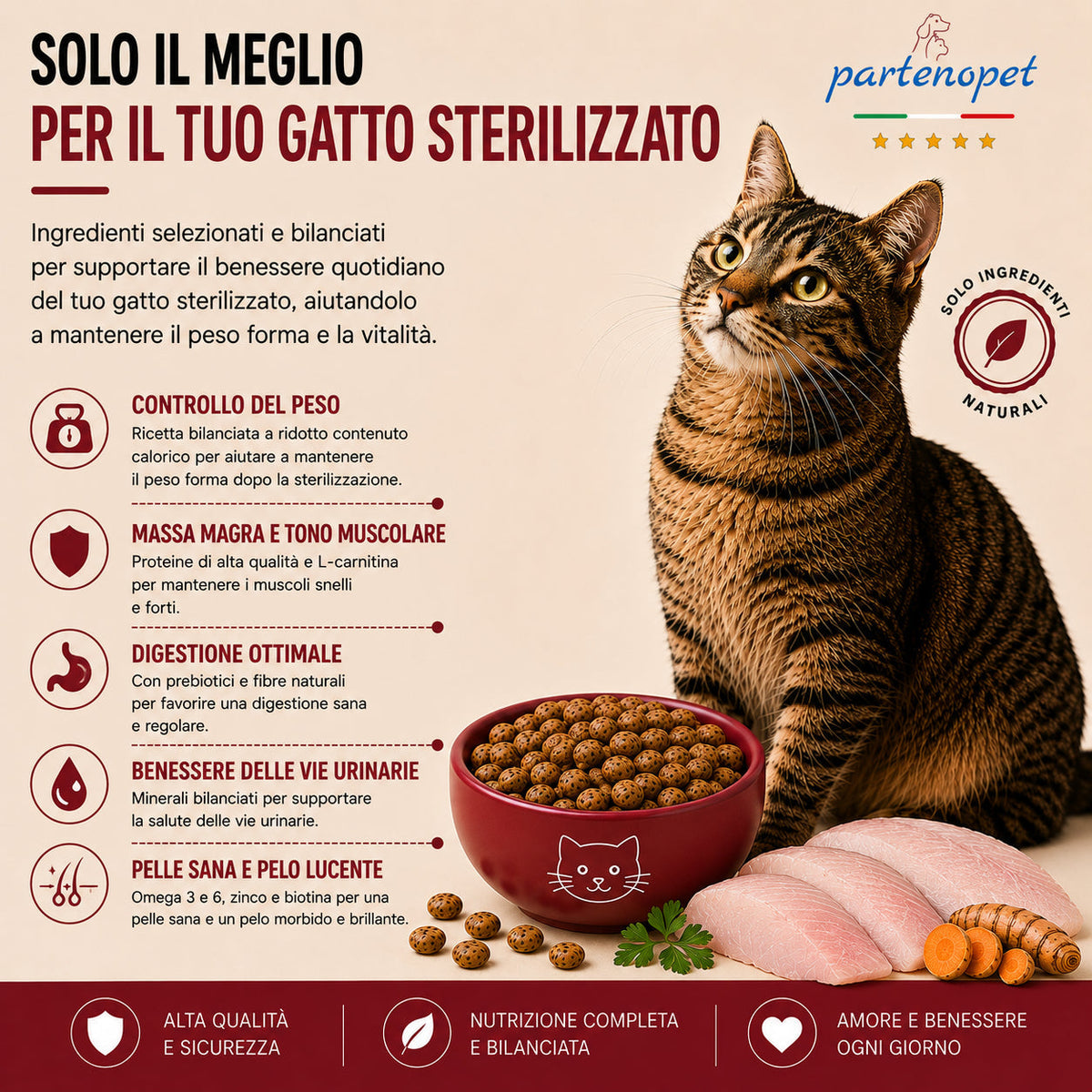 Busta di crocchette al pesce per gatti sterilizzati pressate a freddo senza conservanti e coloranti marca Partenopet da 1,5 kg