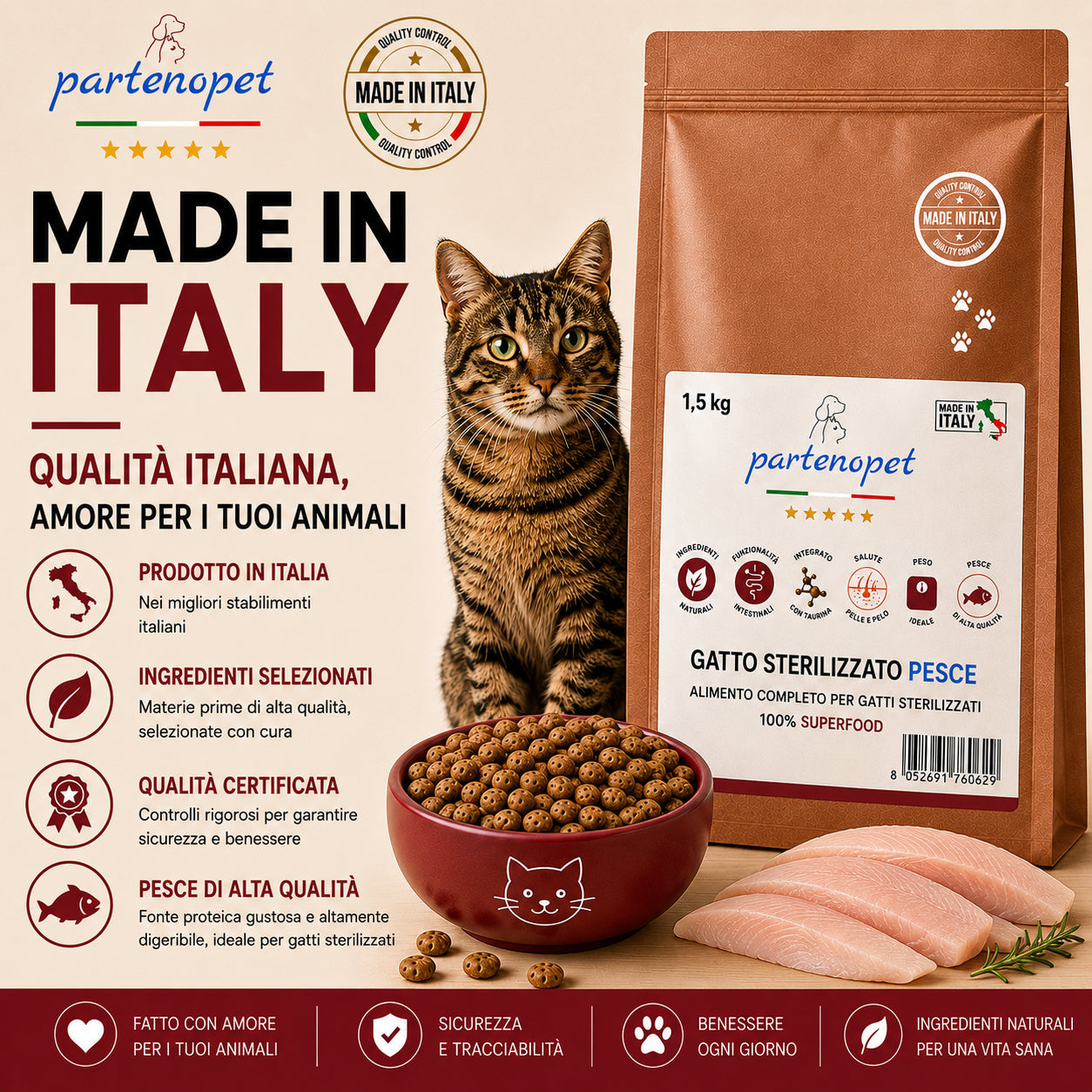 Busta di crocchette al pesce per gatti sterilizzati pressate a freddo senza conservanti e coloranti marca Partenopet da 1,5 kg