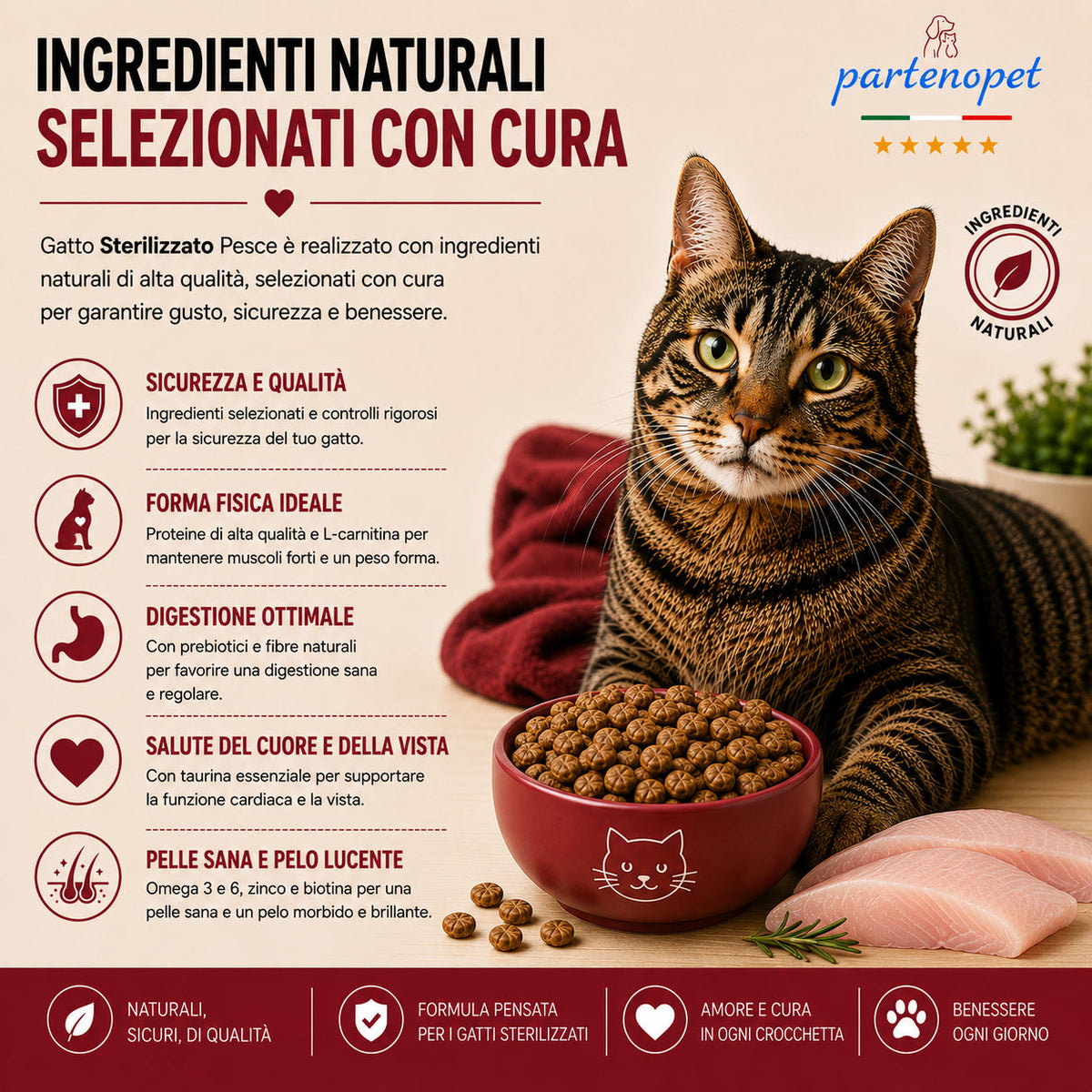 Busta di crocchette al pesce per gatti sterilizzati pressate a freddo senza conservanti e coloranti marca Partenopet da 1,5 kg